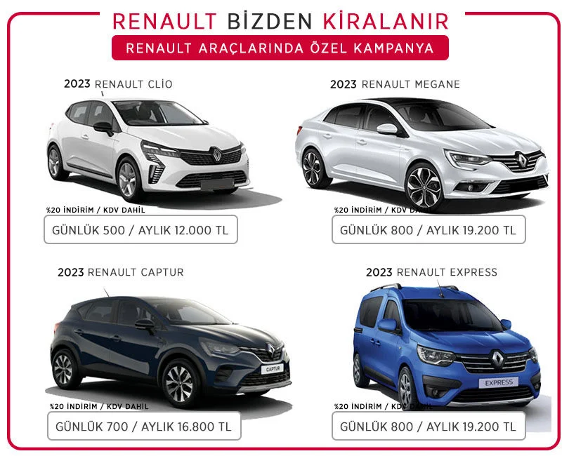 Kiralık Renault Clio - Renault Megane - Kiralık Captur - Kiralık Renault Ekspress.